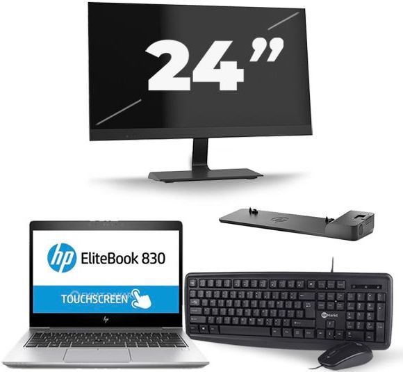 HP EliteBook 830 G5 - Intel Core i7-8e Generatie - 13 inch - 16GB RAM - 256GB SSD - Windows 11 + 1x 24 inch Monitor Zichtbare schade