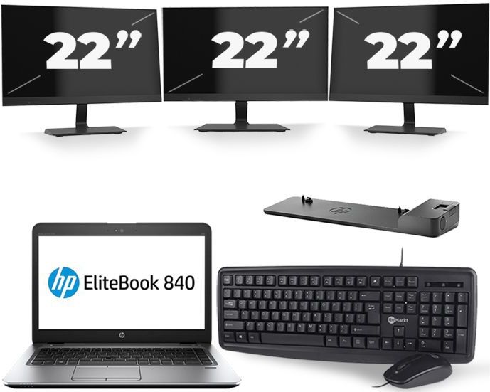 HP EliteBook 840 G3 - Intel Core i5-6e Generatie - 14 inch - 8GB RAM - 256GB SSD - Windows 11 + 3x 22 inch Monitor Zichtbaar gebruikt