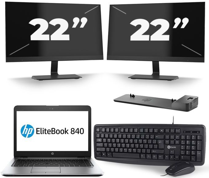 HP EliteBook 840 G3 - Intel Core i7-6e Generatie - 14 inch - 16GB RAM - 256GB SSD - Windows 11 + 2x 22 inch Monitor Nette Staat