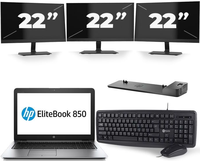 HP EliteBook 850 G3 - Intel Core i5-6e Generatie - 15 inch - 8GB RAM - 256GB SSD - Windows 11 + 3x 22 inch Monitor