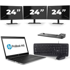 HP ProBook 440 G5 - Intel Core i3-8e Generatie - 14 inch - 8GB RAM - 240GB SSD - Windows 11 + 3x 24 inch Monitor Zichtbaar gebruikt