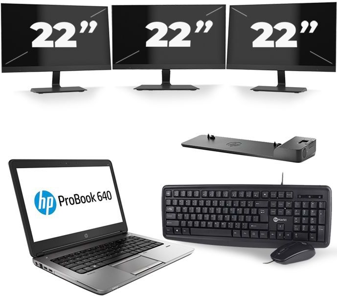 HP ProBook 640 G4 - Intel Core i3-8e Generatie - 14 inch - 8GB RAM - 256GB SSD - Windows 11 + 3x 22 inch Monitor Zichtbare schade