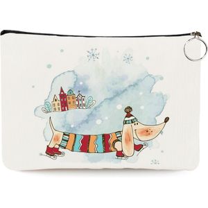 Teckel - etui - toilettas - make-up tas - tas - linnen - wit - hond - 25x17cm - schaatsen - winter - teckel op schaatsen