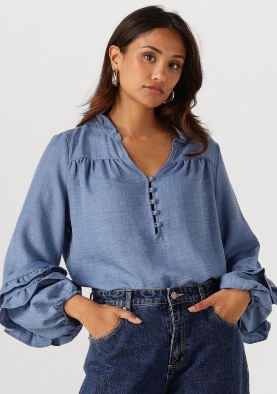 Ydence - Blouse - Blauw - Lange Mouwen - V-hals met Knoopsluiting