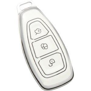 Zachte TPU Sleutelcover - Geschikt voor Ford Focus / Fiesta / Kuga / Fusion / Mondeo / Ecosport / ST - Wit Zilver Metallic - Sleutel Hoesje Cover - Randen Zilver - Auto Accessoires