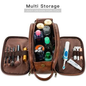 Waterbestendige lederen toilettas voor mannen grote reistas scheren Dopp Kit Badkamer Gym Toiletten Make-up Organizer met gratis natte droge tas