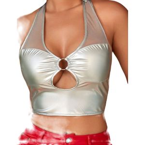 Prachtig Topje SilverFinesse - Dames - Zilver - Grijs - Faux Leather - Open decolleté - Lingerie - Top - Zomer - Festival
