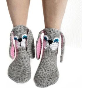 Gehaakte Sokken Konijn Design – Warme Dames Heren Huissokken – Grijs Roze