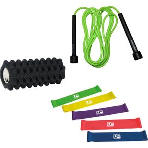 UFE - Thuis fitness set - 5 weerstandsbanden - springtouw - massageroller