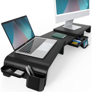 Dubbele monitorstandaard, 3 planken verstelbare lengte en hoek, 107cm bureauorganizer met verwijderbare sleuflade, tablet-telefoonhouder, computer laptop riser-bureau voor 2 monitoren, zwart