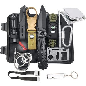 Emergency survival kit, met 13 verschillende outdoor multi-tools, EHBO-benodigdheden, kompas, vuursteenstarter, voor kamperen en vissen