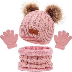 Winterset 3 stuks - ROZE voor kinderen , 1-6 jaar oud Beanie muts, ronde sjaal, handschoenen, 3-delig set voor meisjes – voor buitenactiviteiten- Black friday 2023 - Kerstcadeau