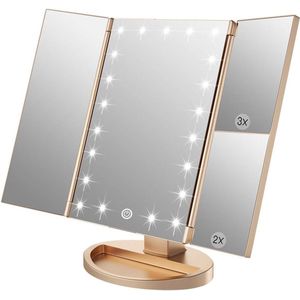 Verlichte Makeup Spiegel met 21 LED lampen, Dual Power Supply 2X/3X Vergrotende LED (Goud)