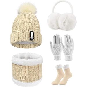 Compleet winterset 5-delige set Beige one size - pluche oorwarmers, gebreide sjaal, beanie muts, touchscreen handschoenen, thermische sokken voor skiën/fietsen/wandelen/sporten - tieners/volwassenen