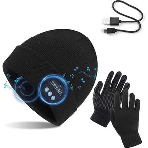Zwart one size muts met touch handschoenen, winter warm gebreide draadloze Bluetooth V5.0 hoofdtelefoon muziek USB - super warm gevoerd met fleece laag - voor hardlopen, wandelen, fietsen, wintersport, reizen