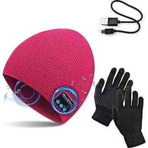 Roze one size muts met touch handschoenen, winter warm gebreide draadloze Bluetooth V5.0 hoofdtelefoon muziek USB - super warm gevoerd met fleece laag - voor hardlopen, wandelen, fietsen, wintersport, reizen