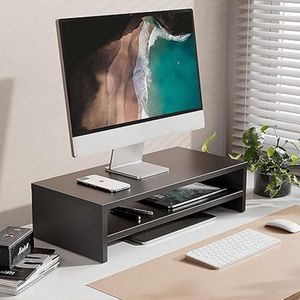 Monitorstandaard 2 lagen Computer Monitor Riser,54cm Houten Desktop Stand voor Laptop Computer Screen Riser, met Opbergplank, Kantoorbenodigdheden, Bureauorganisator, Zwart