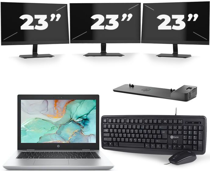 HP ProBook 645 G4 - AMD Ryzen 5 2500U - 14 inch - 8GB RAM - 256GB SSD - Windows 10 + 3x 23 inch Monitor Zichtbaar gebruikt