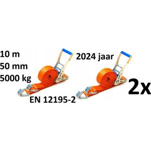 2 xComplete transportband spanband met ratel - Totale lengte: 10 meter, Breedte: 50 mm, Lengte riem: 9,5 m, Lengte spanner: 0,5 m, Norm: EN 12195-2, Sterkte: 5000 kg, Oranje kleur, Productiedatum 2024. GS-markering door het TÜV Rheinland-laboratorium