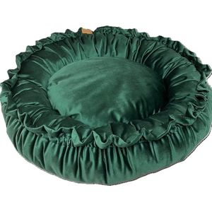 Lovely & Easy - hondenmandje Lilly - donkergroen - luxe hondenmand - ruche mand - hondenkussen - katten kussen - katten mandje - velvet mand- hondenbed - donut mandje