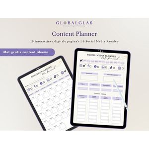GlobalGlas - Content Planner - Digitaal Invulbaar - Maandelijkse Content Kalender - 6 Sociale Media Kanalen - Haal je content doelen - Efficiënter Werken