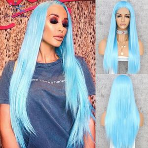 Beautytown Lange Rechte Lichtblauw Synthetische Pruik Voor Vrouwen Party Cosplay Pruik Hoge Hittebestendige Lace Front Party Pruik