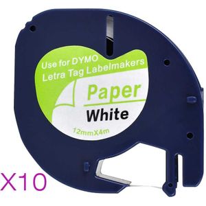 10 Compatibel Dymo Letratag 91201 Zwart Op Wit (12Mm X 4M) plastic Label Tapes 91331 91221 59422 S0721660