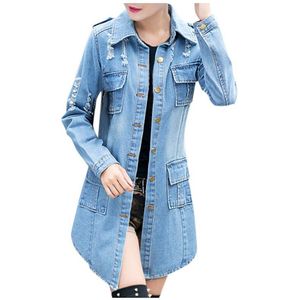Dames klassieke denim jeansjacks met lange mouwen, knoopsluiting, versleten, gescheurde truckerjas met zakken