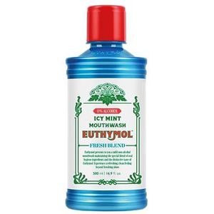 Euthymol Mondwater ICY Mint 500ml, Met Fluoride, Alcoholvrij, Sterke Smaak, Vermindert Tandplak, Reiniging van Tanden & Tandvlees, Frisse Adem, Dagelijkse Mondverzorging