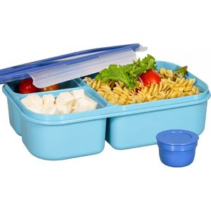 Lock&Lock Lunchbox - Bento Box - Broodtrommel - Salade lunchbox - Met 3 Compartimenten - Met Dressing/Saus Bakje - Volwassenen en Kinderen - To Go - Lekvrij - BPA vrij - 1,5 liter - Blauw