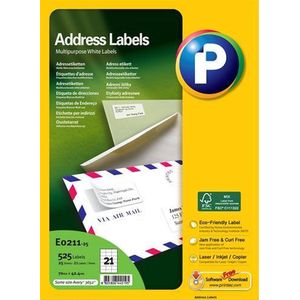Printec Adres etiketten - 25 vel - 63.5x38.1mm - 21 labels per A4 - 525 stickers per doos