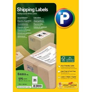 Printec Adres etiketten - 25 vel - 70x42.4mm - 21 labels per A4 - 525 stickers per doos