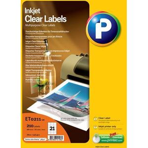 Printec transparante etiketten - Inktjet printer - 10 vel - 70x42.4mm - 21 labels per A4 - 210 doorzichtige stickers