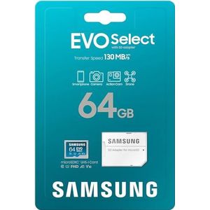 Samsung EVO Select (2021) microSD-geheugenkaart, 64GB micro SD XC UHS-I U3 130MB/s Full HD & 4K UHD SD kaart - Geheugenkaart met Adapter, MB-ME64KA/EU