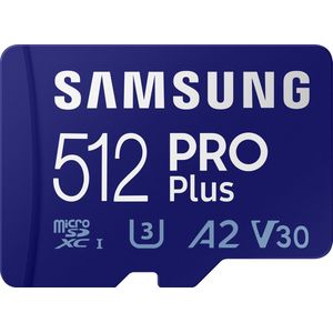 Samsung PRO Plus SDXC-kaart 512 GB Class 10, Class 10 UHS-I, UHS-I, v30 Video Speed Class 4K-video-ondersteuning, A2-ve