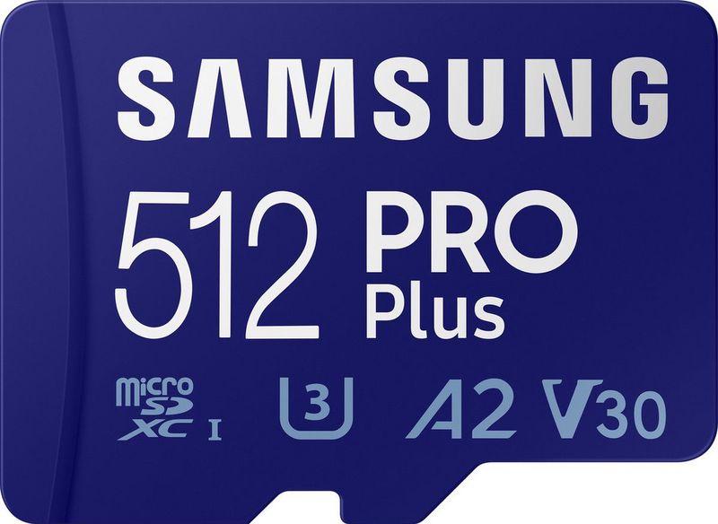 Samsung PRO Plus SDXC-kaart 512 GB Class 10 UHS-I, v30 Video Speed Class 4K-video-ondersteuning, A2-vermogensstandaard,