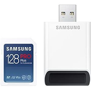 Samsung PRO Plus SD-geheugenkaart, 128GB SDXC UHS-I U3 160MB/s Full HD & 4K UHD geheugenkaart incl. kaartlezer, MB-SD128KB/WW