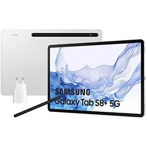 Samsung Galaxy Tab S8+ met oplader, 12,4 inch tablet (8 GB RAM, 256 GB geheugen, 5G, Android 12) zilver, Spaanse versie