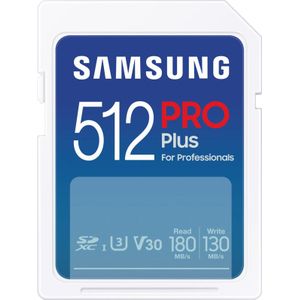 Samsung PRO Plus SD-geheugenkaart, 512GB, UHS-I U3, Full HD & 4K UHD, 180 MB/s lezen, 130 MB/s schrijven, voor spiegelreflexcamera's en systeemcamera's, MB-SD512S/EU