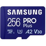 Samsung Pro Plus MicroSD-kaart + USB-kaartlezer 256 GB voor mobiele games op smartphones, tablets en draagbare consoles, UHS-I U3, Full HD en 4K UHD, 180 MB/s lezen, 130 MB/s schrijven,