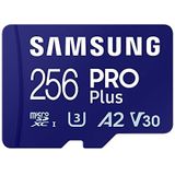 Samsung Pro Plus MicroSD-kaart + USB-kaartlezer 256 GB voor mobiele games op smartphones, tablets en draagbare consoles, UHS-I U3, Full HD en 4K UHD, 180 MB/s lezen, 130 MB/s schrijven,