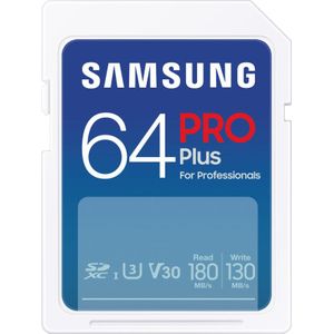 Samsung Pro Plus SD-geheugenkaart (MB-SD64S/EU), 64 GB, UHS-I U3, Full HD, 4K UHD, 180 MB/s, leessnelheid 130 MB/s, 130 MB/s schrijven, voor spiegelreflexcamera's en systemen (2023)