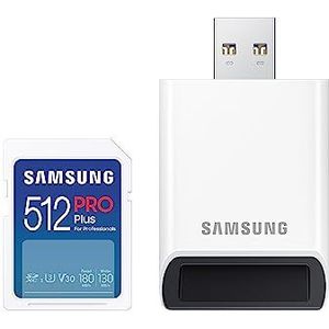 Samsung PRO Plus met kaartlezer – SD kaart 512 GB – 180 & 130 MB/s – Geheugenkaart camera