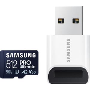 SAMSUNG PRO Ultimate microSD-geheugenkaart, 512 GB, UHS-I U3, 200 MB/s lezen, 130 MB/s schrijven, incl. USB-kaartlezer, voor smartphone, drone of action cam