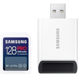 Samsung PRO Ultimate SD-Karte, 128 GB, UHS-I U3, Full HD & 4K UHD, 200 MB/s Lesen, 130 MB/s Schreiben, Speicherkarte für Kamera, PC, Drohne oder Action-Cam, Inkl. USB-Kartenleser, MB-SY128SB/WW