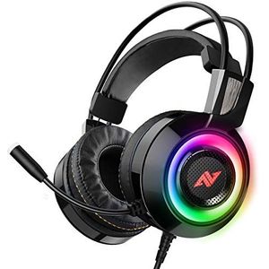 ABKONCORE CH60 Gaming headset met echt 7.1 surround sound voor pc, PS4, laptop, basvibratie, ruisonderdrukking, hoofdtelefoon met microfoon, LED-licht, online controller