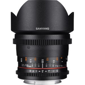 Samyang F1322503101 VDSLR-videolens voor Nikon F (laatste brandpuntsafstand 10 mm, diafragma T3.1-22 ED AS NCS CS II), zwart