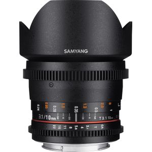 Samyang F1322503101 video-lens voor VDSLR voor Nikon F (vaste brandpuntsafstand 10 mm, diafragma T3.1-22 ED AS NCS II), zwart