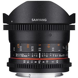 Samyang 12mm T3.1 VDSLR Sony A SLR Brede vis-oog lens Zwart - cameralenzen (SLR, Brede vis-eye lens, 12/8, Handmatig, Sony A, Zwart)