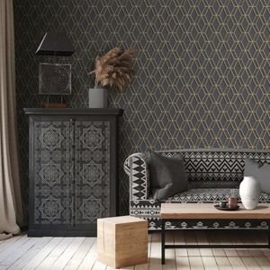 DUTCH WALLCOVERINGS DUTCH WALLCOVERINGS Behang Hexagonal zwart en goudkleurig